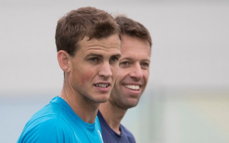 Canadian tennis players Daniel Nestor, back, and Vasek Pospisil practice together prior to the start of the Olympic Games in Rio de Janeiro, Brazil, Wednesday, August 3, 2016. COC Photo by Jason Ransom