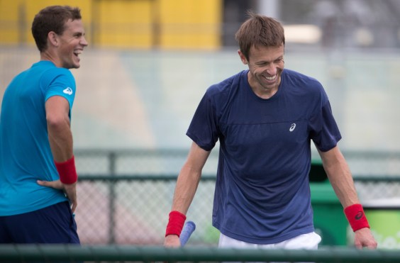 Canadian tennis players Daniel Nestor, right, and Vasek Pospisil practice together prior to the start of the Olympic Games in Rio de Janeiro, Brazil, Wednesday, August 3, 2016. COC Photo by Jason Ransom