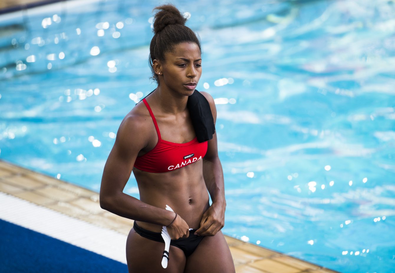 Canada's Jennifer Abel walks the pool during diving practice ahead of the Olympic games in Rio de Janeiro, Brazil, Thursday August 4, 2016. COC Photo/Mark Blinch