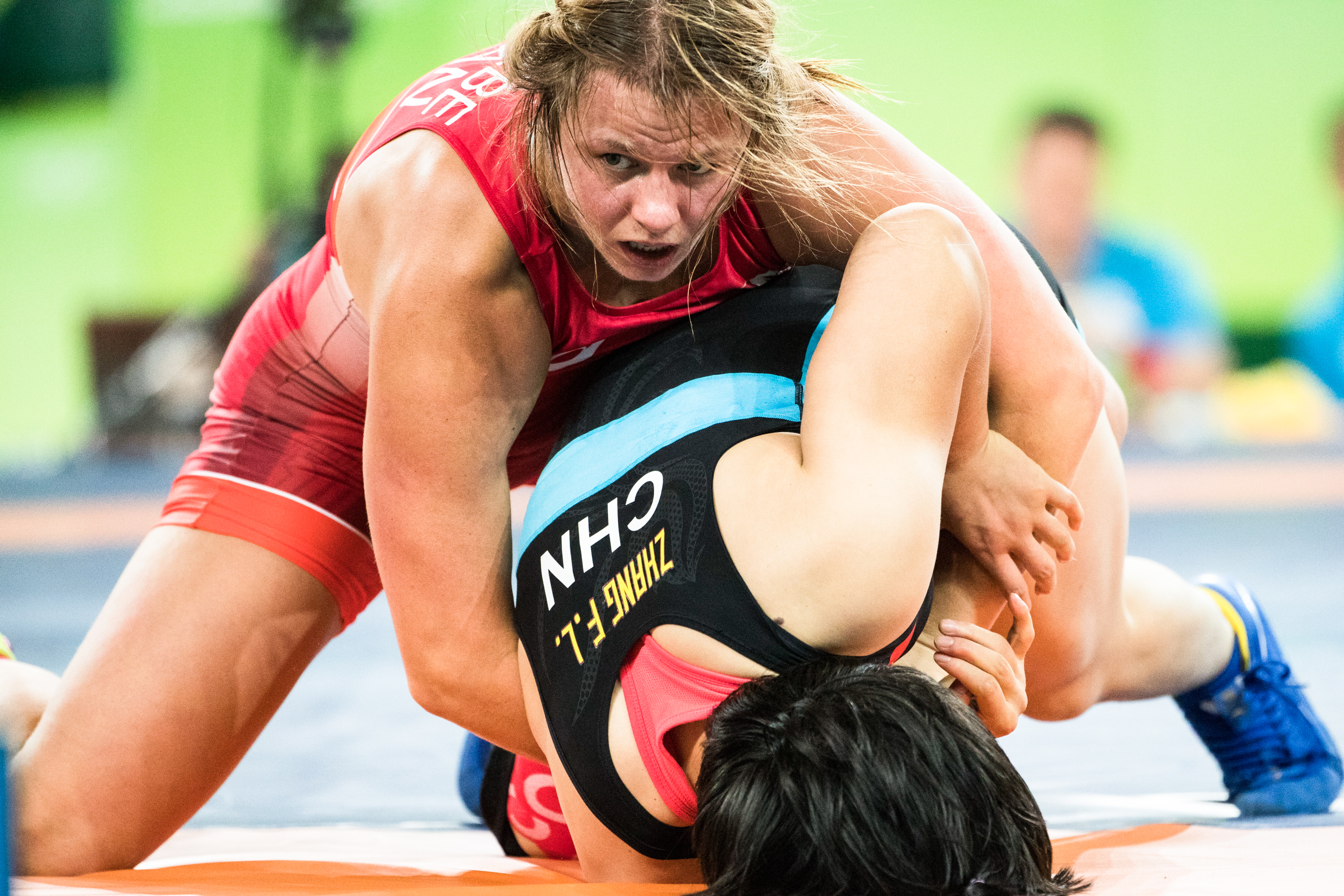 Team Canada’s Erica Elizabeth Wiebe battles in 63 kg women's wrestling during the quarter finals match at Carioca Stadium, Rio de Janeiro, Brazil, Thursday August 18, 2016. COC Photo/David Jackson