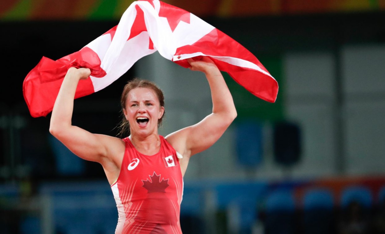 Canada's Erica Wiebe after defeating Belarus' Vasilisa Marzaliuk, during the women's 75-kg freestyle wrestling competition at the 2016 Summer Olympics in Rio de Janeiro, Brazil, Thursday, Aug. 18, 2016. (Photo/Jason Ransom)