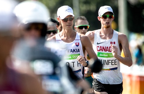 Team Canada’s Mathieu Bilodeau and Evan Dunfee compete in the men's 50km race walk at Pontal Beach, Rio de Janeiro, Brazil, Thursday August 18, 2016. COC Photo/David Jackson