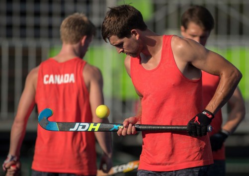 Iain Smythe bounces the ball off the middle of his stick prior to a friendly match against New Zealand at the Olympic games in Rio de Janeiro, Brazil, Monday, August 1, 2016. COC Photo by Jason Ransom