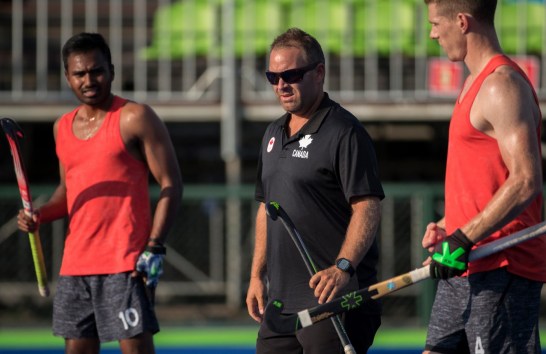 Head coach Anthony Farry chats with the team prior to a friendly match against New Zealand at the Olympic games in Rio de Janeiro, Brazil, Monday, August 1, 2016. COC Photo by Jason Ransom