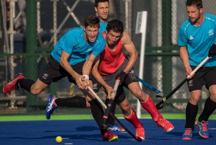 Canada's Matthew Guest, right, battle for the ball with Simon Child during a friendly match against New Zealand at the Olympic games in Rio de Janeiro, Brazil, Monday, August 1, 2016. COC Photo by Jason Ransom