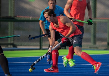 Adam Froese stick handles up the field during a friendly match against New Zealand at the Olympic games in Rio de Janeiro, Brazil, Monday, August 1, 2016. COC Photo by Jason Ransom