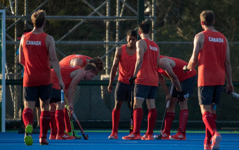 Team Canada players chat during a break in the action during a friendly match against New Zealand at the Olympic games in Rio de Janeiro, Brazil, Monday, August 1, 2016. COC Photo by Jason Ransom
