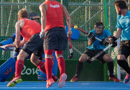 Team Canada's Gordon Johnston shoots on the goalie during a friendly match against New Zealand at the Olympic games in Rio de Janeiro, Brazil, Monday, August 1, 2016. COC Photo by Jason Ransom