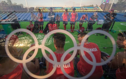 FIELDHOCKEY_TRAINING_JasonRansomPhoto-90 Team Canada field hockey players catch their breath during a break in the action during a friendly match against New Zealand at the Olympic games in Rio de Janeiro, Brazil, Monday, August 1, 2016. COC Photo by Jason Ransom