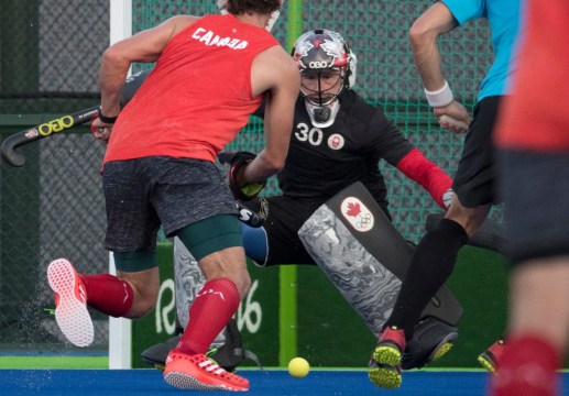 Team Canada goalie David Carter keeps his eyes on the ball during a friendly match against New Zealand at the Olympic games in Rio de Janeiro, Brazil, Monday, August 1, 2016. COC Photo by Jason Ransom