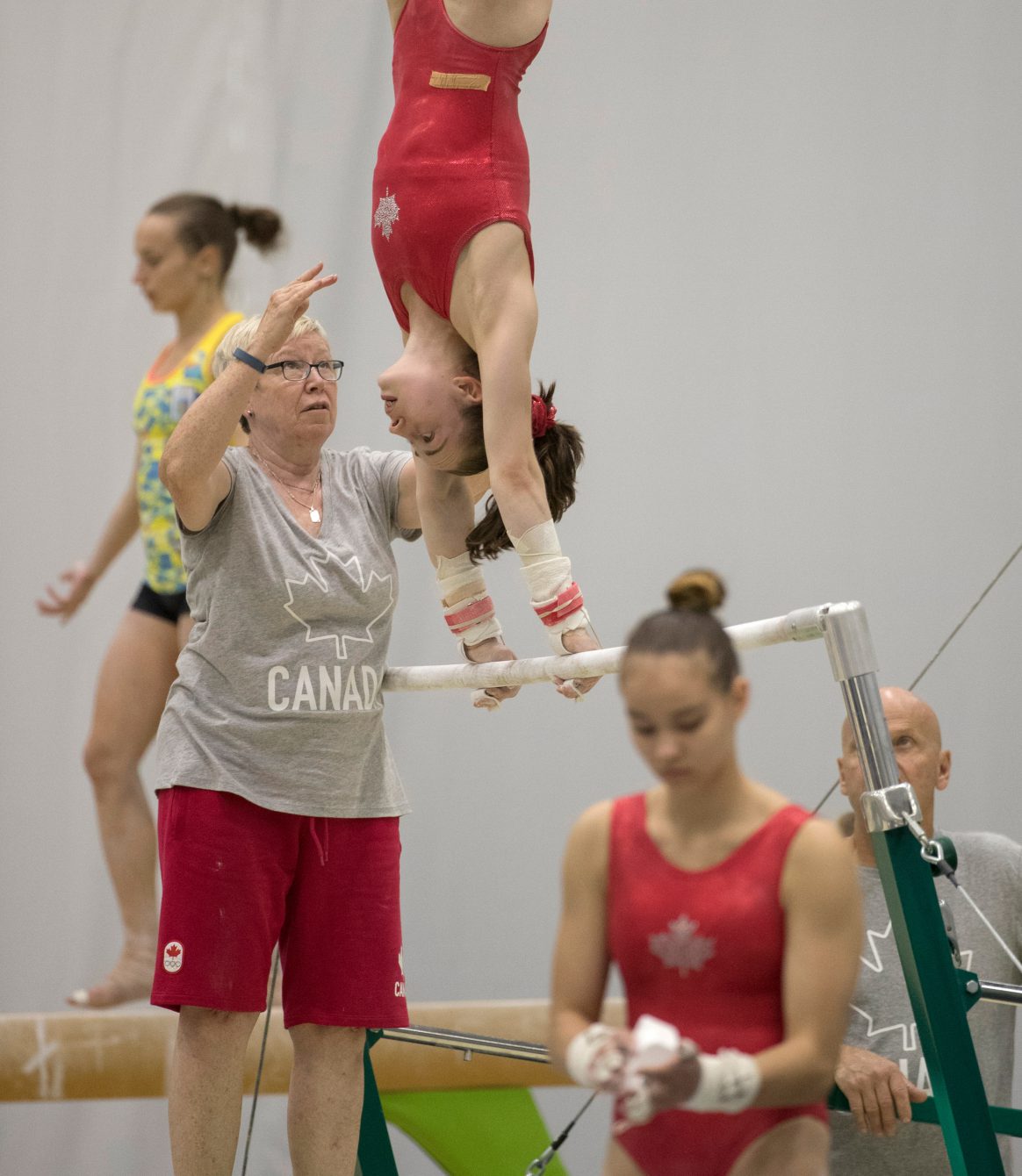 Coach Lorie Henderson works with Isabela Onyshko in training session action prior to the Olympic games in Rio de Janeiro, Brazil, Sunday, July 31, 2016. COC Photo by Jason Ransom