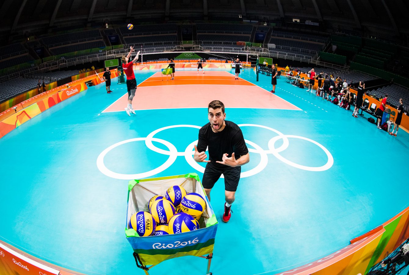 Team Canada's TJ Sanders gestures during their men's team volleyball practice ahead of the Olympic games in Rio de Janeiro, Brazil, Wednesday August 3, 2016. COC Photo/Mark Blinch