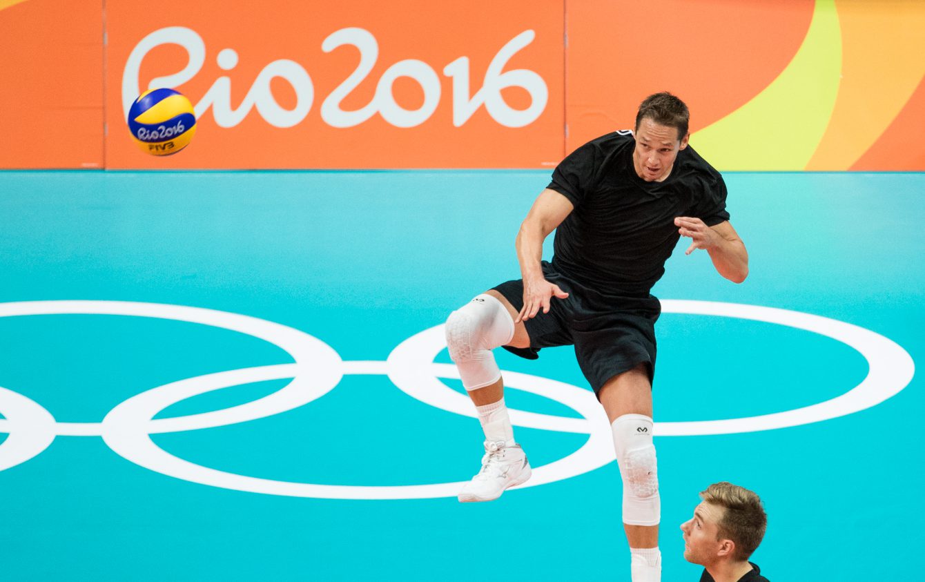 Team Canada's Frederic Winters serves the ball during their men's team volleyball practice ahead of the Olympic games in Rio de Janeiro, Brazil, Wednesday August 3, 2016. COC Photo/Mark Blinch