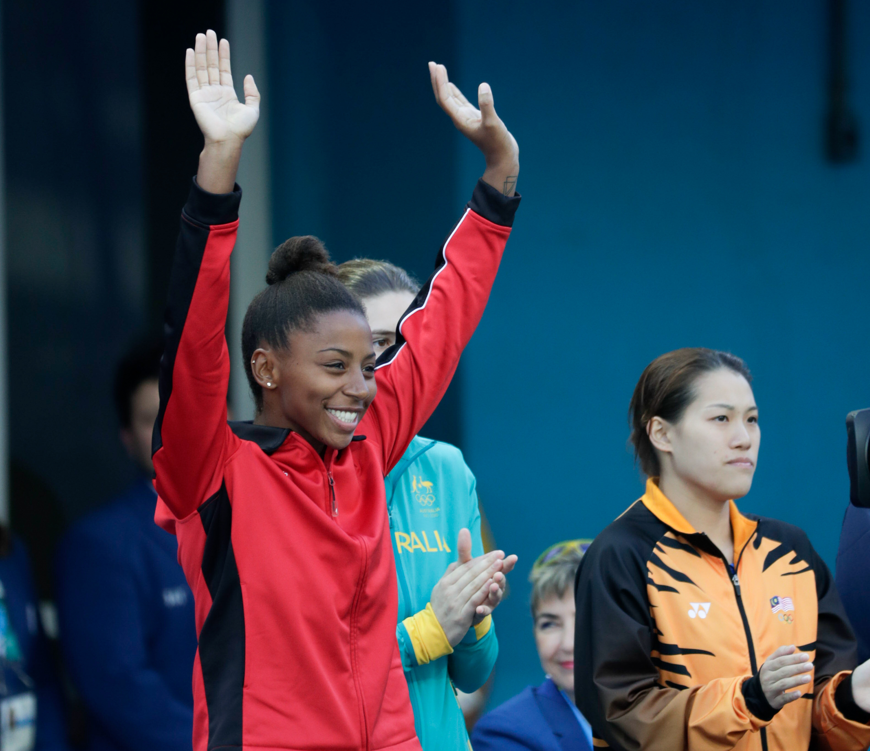 Jennifer Abel is introduced prior to the 3m springboard final at Rio 2016 on August 14, 2016 (Jason Ransom/COC)