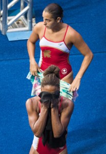 Canada's Jennifer Abel and Pamela Ware react after finishing fourth during the Women's Sync. 3m Springboard Final Olympic games in Rio de Janeiro, Brazil, Sunday August 7, 2016. COC Photo/Mark Blinch