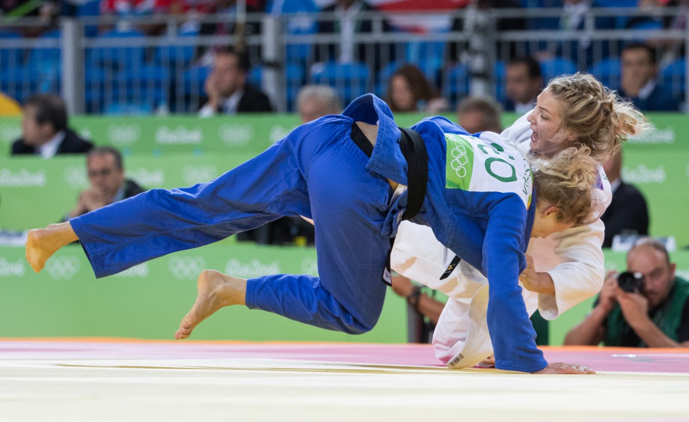 Canada's Kelita Zupancic competes with Esther Stam of Georgia in their Women -70 kg judo match at the Olympic games in Rio de Janeiro, Brazil, Wednesday August 10, 2016. COC Photo/Mark Blinch