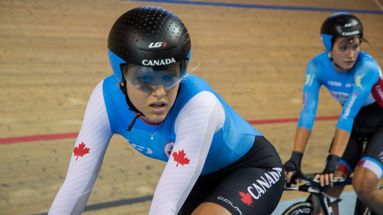 Kirsti Lay (left) and Jasmin Glaesser from women's team pursuit at the Milton velodrome on July 29, 2016. 