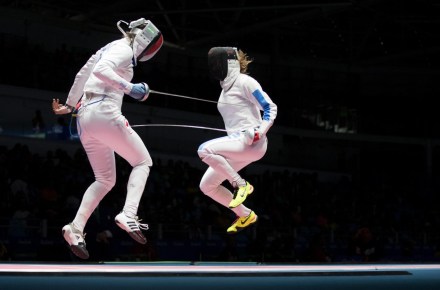 Canadian fencer Leonora Mackinnon fights for points against Rossella Flamingo of Italy during the Olympic games in Rio de Janeiro, Brazil, Saturday, August 6, 2016. Mackinnon lost 15-8. COC Photo by Jason Ransom