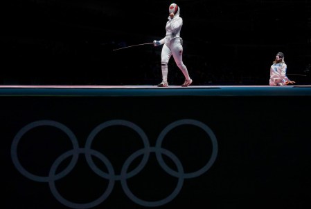 Canadian fencer Leonora Mackinnon celebrates a point against Rossella Flamingo of Italy during the Olympic games in Rio de Janeiro, Brazil, Saturday, August 6, 2016. Mackinnon lost 15-8. COC Photo by Jason Ransom