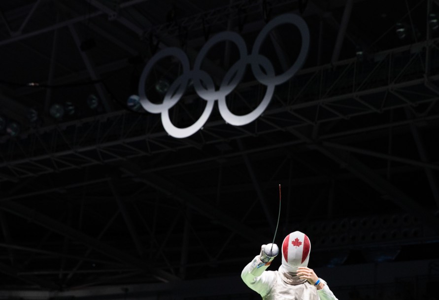 Canada's Maximilien van Haaster, gestures as he competes against Venezuela's Antonio Leal in their Men's Foil Individual Table of 64 fencing match at the Olympic games in Rio de Janeiro, Brazil, Sunday August 7, 2016. COC Photo/Mark Blinch
