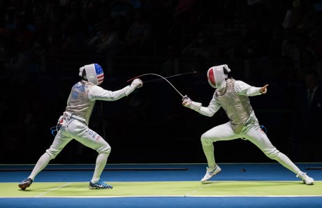 Canada's Maximilien van Haaster, right, competes against against USA's Gerek Meinhardt in their Men's Foil Individual Table of 32 fencing match at the Olympic games in Rio de Janeiro, Brazil, Sunday August 7, 2016. COC Photo/Mark Blinch