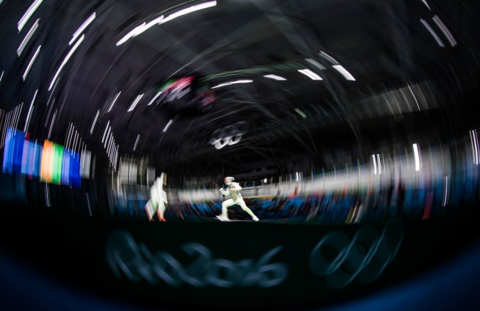 Canada's Maximilien van Haaster, right, competes against against Venezuela's Antonio Leal in their Men's Foil Individual Table of 64 fencing match at the Olympic games in Rio de Janeiro, Brazil, Sunday August 7, 2016. COC Photo/Mark Blinch