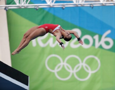 Meaghan Benfeito dives during the women's 10-metre platform diving final at the 2016 Olympic Summer Games in Rio de Janeiro, Brazil on Thursday, Aug. 18, 2016. (photo/ Jason Ransom)