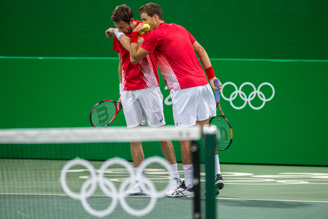 Team Canada's Daniel Nestor and Vasek Pospisil compete against Portugal in the men's second round of doubles tennis, Rio de Janeiro, Brazil, Monday August 8, 2016. COC Photo/David Jackson