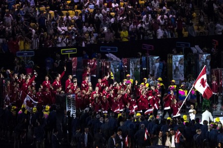 Team Canada enters the Maracana Stadium during the opening ceremonies of the olympic games in Rio de Janeiro, Brazil, Friday August 5, 2016. COC/David Jackson