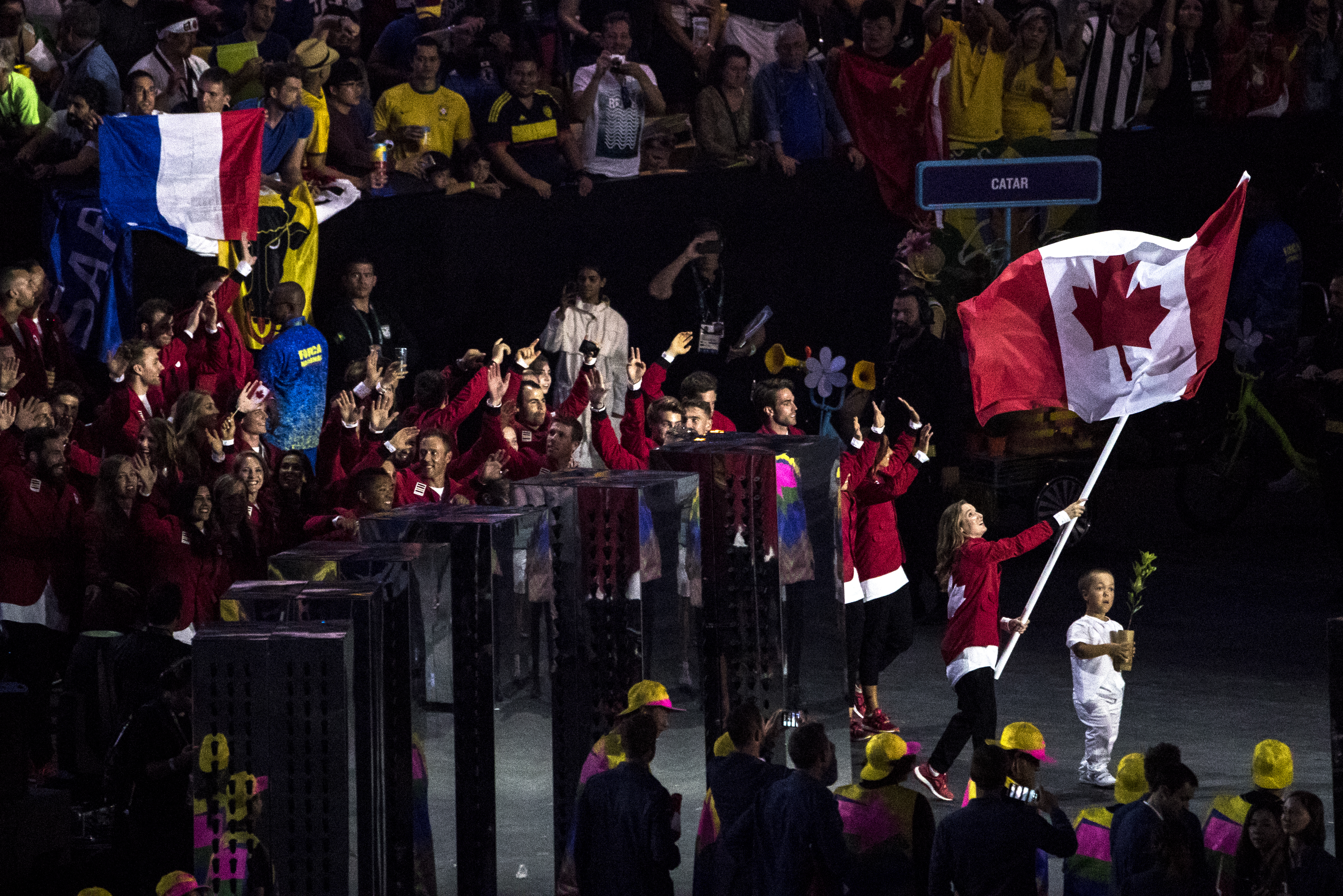 Team Canada enters the Maracana Stadium during the opening ceremonies of the olympic games in Rio de Janeiro, Brazil, Friday August 5, 2016. COC Photo/David Jackson