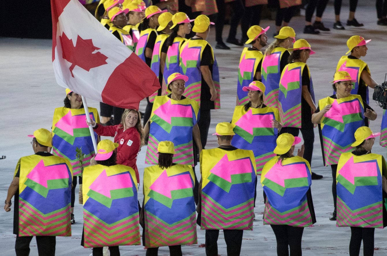 Rosie Mecllenan leads team Canada in to the stadium during the opening ceremonies at the Olympic games in Rio de Janeiro, Brazil, Friday, August 5, 2016. COC/Jason Ransom