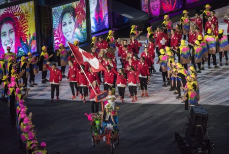 Team Canada arrives during the opening ceremony for the Olympic games at Maracana Stadium in Rio de Janeiro, Brazil, Friday August 5, 2016. COC/Mark Blinch