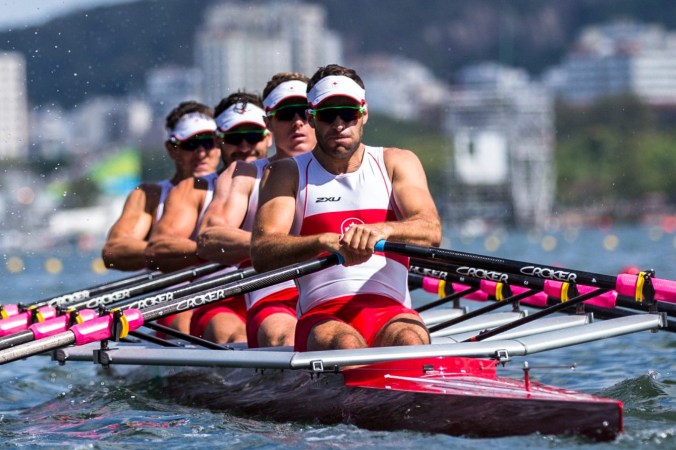 Team Canada's in the mens quad sculls B-final race at Lagoa Rowing Stadium, Rio de Janeiro, Brazil, Thursday August 11, 2016. COC Photo/David Jackson