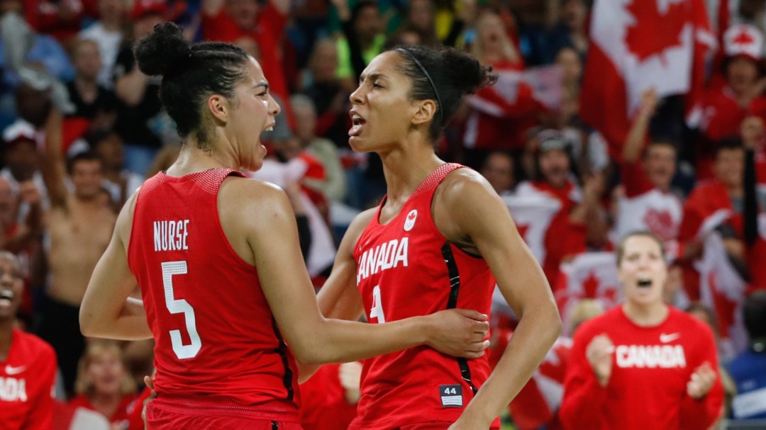 Kia Nurse and Miranda Ayim in the quarterfinal game at Rio 2016 against France (COC/March Blinch)