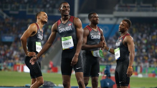 (L-R) Andre De Grasse, Brendon Rodney, Aaron Brown and Akeem Haynes after breaking the 20-year-old Canadian record in the 4x100m relay.
