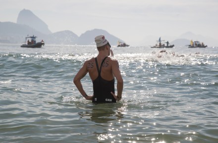 Canada's Richard Weinberger, #25, pauses for a moment as other competitors make their way to the starting buoy for the marathon swim at the Olympic games in Rio de Janeiro, Brazil, Tuesday, August 16, 2016. Weinberger finished 17th. COC Photo/Jason Ransom