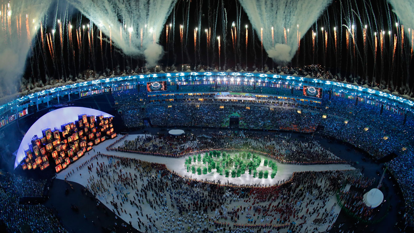 Fireworks are seen over Maracana Stadium during the opening ceremony at the 2016 Summer Olympics in Rio de Janeiro, Brazil, Friday, Aug. 5, 2016. (AP Photo/Morry Gash)