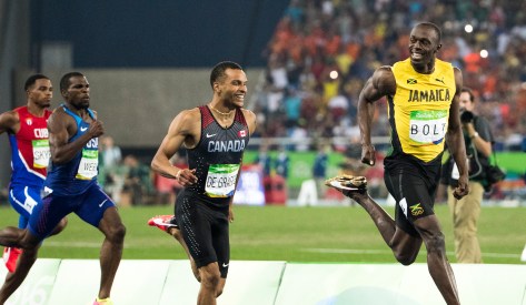 Andre De Grasse and Usain Bolt compete in the Men's 200m Semi Final at the Olympic Games in Rio de Janeiro, Brazil, Wednesday, August 17, 2016. COC Photo by Stephen Hosier