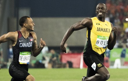 Andre De Grasse and Usain Bolt compete in the men's 200m semi final at the Olympic Games in Rio de Janeiro, Brazil, Wednesday, August 17, 2016. (COC Photo/Stephen Hosier)