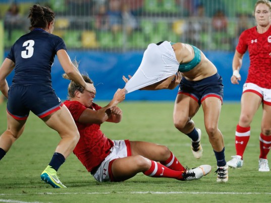 Rugby_final_MarkBlinchPhoto-88-3 A Great Britain player gets tugged down during their bronze medal match against Canada on August 8, 2016 (photo/ Mark Blinch)