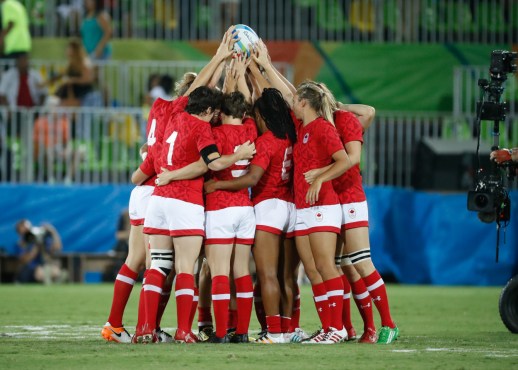 Canada's Women's Rugby Sevens team before their bronze medal match against Great Britain on August 8, 2016 (photo/ Mark Blinch)