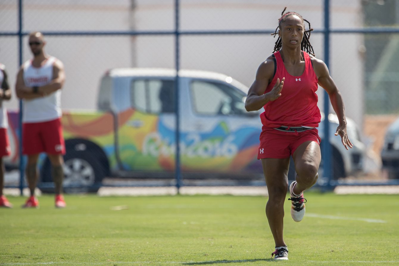 Team Canada's Charity Williams does drills during the women's rugby team practice ahead of the Olympic games in Rio de Janeiro, Brazil, Tuesday August 2, 2016. COC Photo/David Jackson