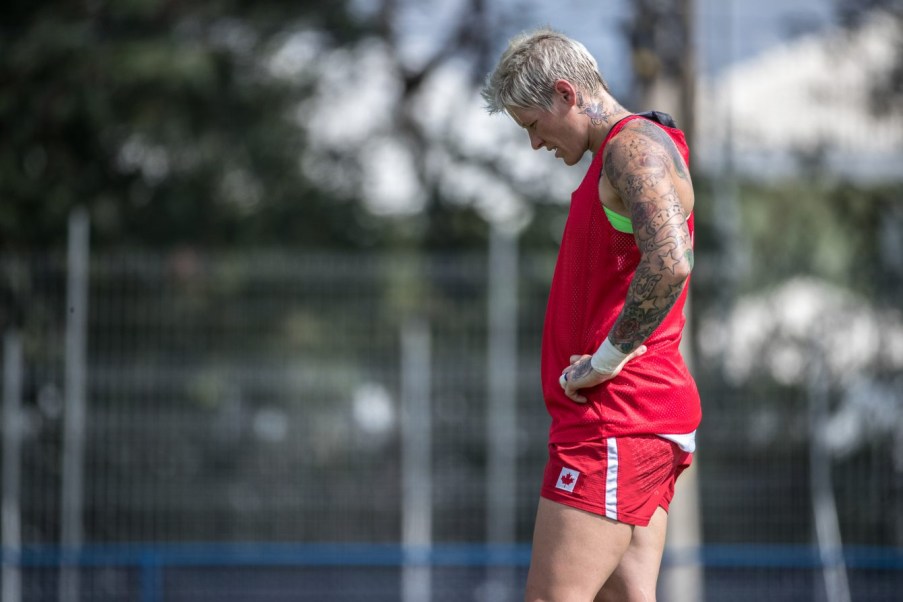 Team Canada's Jen Kish catches her breath after drills during women's rugby team practice ahead of the Olympic games in Rio de Janeiro, Brazil, Tuesday August 2, 2016. COC Photo/David Jackson