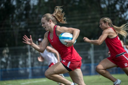 Team Canada's Karen Paquin breaks free in drills during women's rugby team practice ahead of the Olympic games in Rio de Janeiro, Brazil, Tuesday August 2, 2016. COC Photo/David Jackson