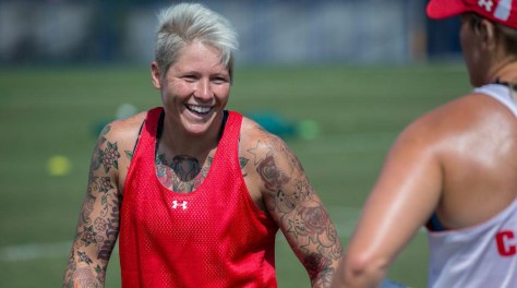 Team Canada's Jen Kish finishes a drill during women's rugby team practice ahead of the Olympic games in Rio de Janeiro, Brazil, Tuesday August 2, 2016. COC Photo/David Jackson