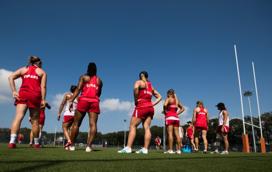 Team Canada rests between drills during women's rugby practice ahead of the Olympic games in Rio de Janeiro, Brazil, Tuesday August 2, 2016. COC Photo/Mark Blinch
