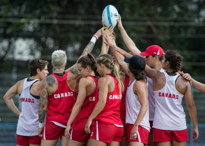 Team Canada women's team huddles together during their rugby practice ahead of the Olympic games in Rio de Janeiro, Brazil, Tuesday August 2, 2016. COC Photo/Mark Blinch