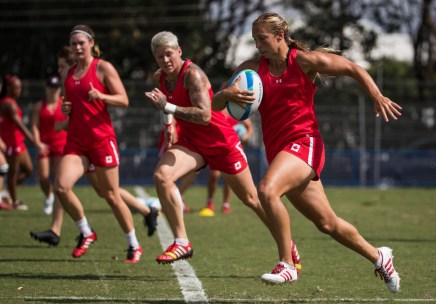 Team Canada's Megan Lukan runs with the ball during their women's rugby practice ahead of the Olympic games in Rio de Janeiro, Brazil, Tuesday August 2, 2016. COC Photo/Mark Blinch