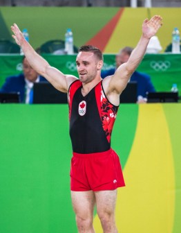 Canada's Scott Morgan reacts after his floor routine during men's artistic gymnastics qualifying at the Olympic games in Rio de Janeiro, Brazil, Saturday August 6, 2016. COC Photo/Mark Blinch