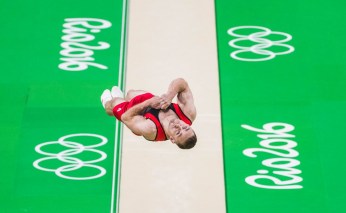 Canada's Scott Morgan performs on the vault during men's artistic gymnastics qualifying at the Olympic games in Rio de Janeiro, Brazil, Saturday August 6, 2016. COC Photo/Mark Blinch